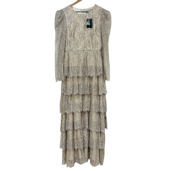 Antonio Melani Born on Fifth Silver Metallic Lace Long Sleeve Tiered Dress NEW - Picture 2 of 14